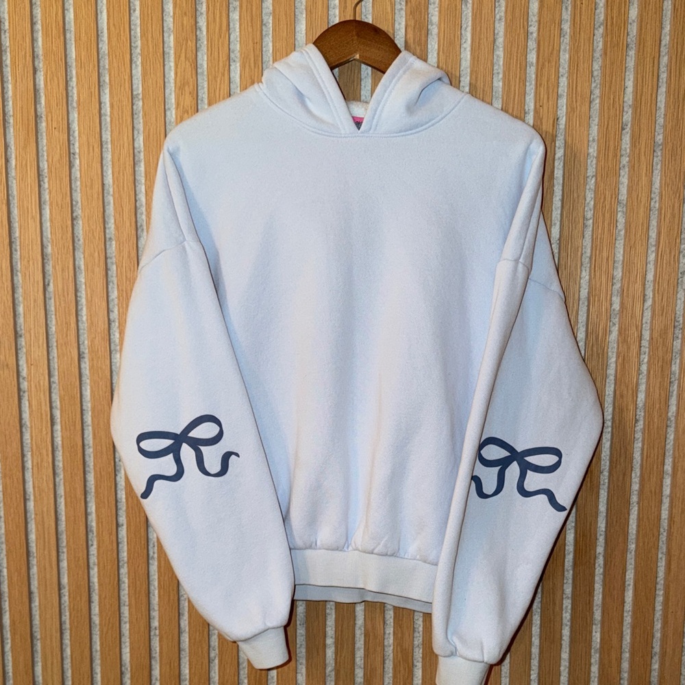 Baby Blue Edikted hoodie with darker blue bows on elbows